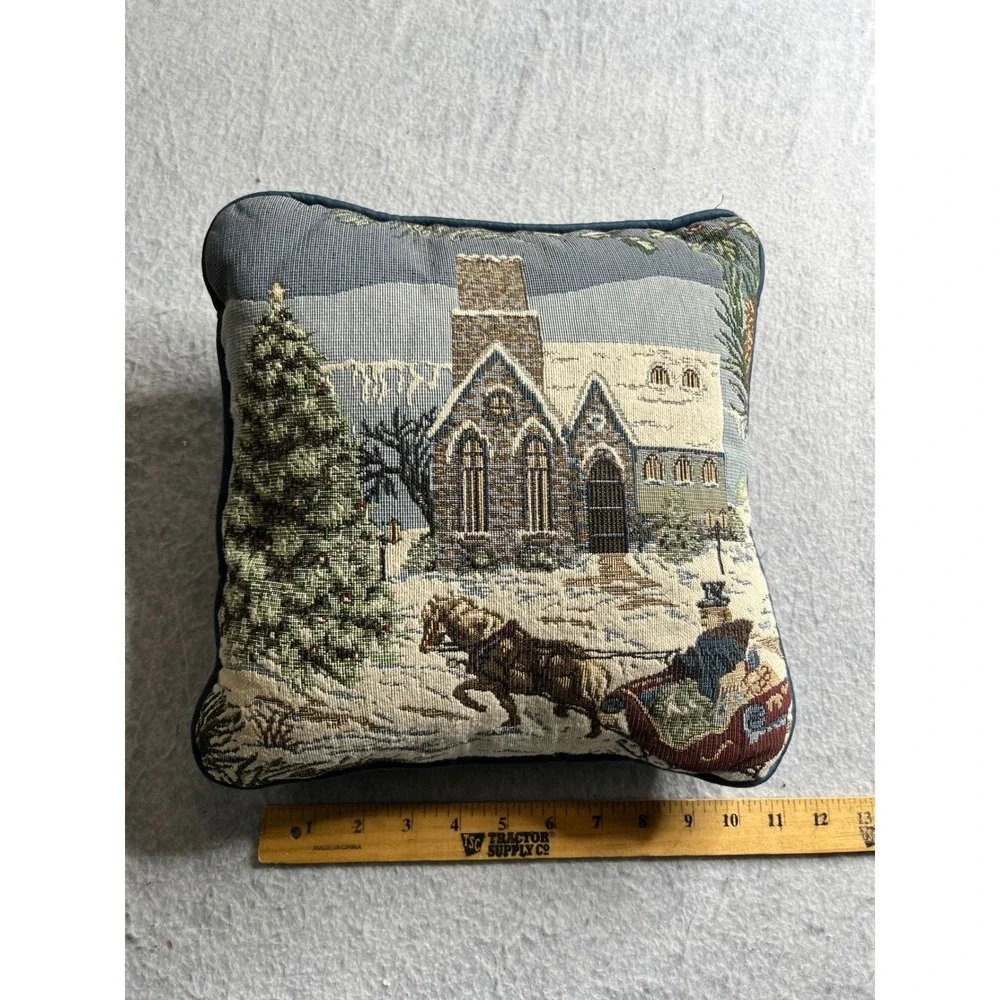 Tapestry Christmas Pillow Winter Scene Church Horse Sleigh‎ Decorative accent